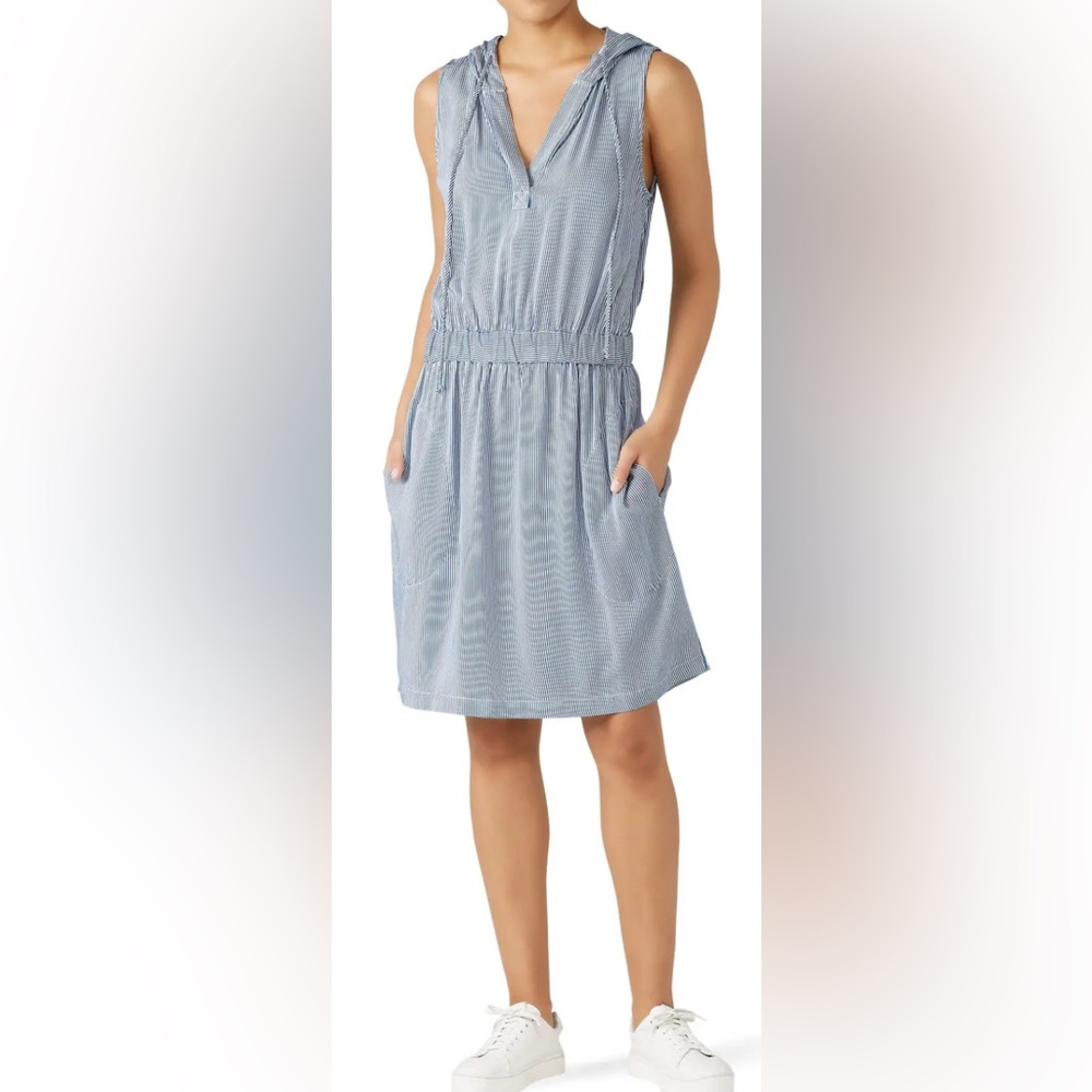 Fifteen Twenty Hooded Striped Mini Dress with Pockets in Blue and White - L